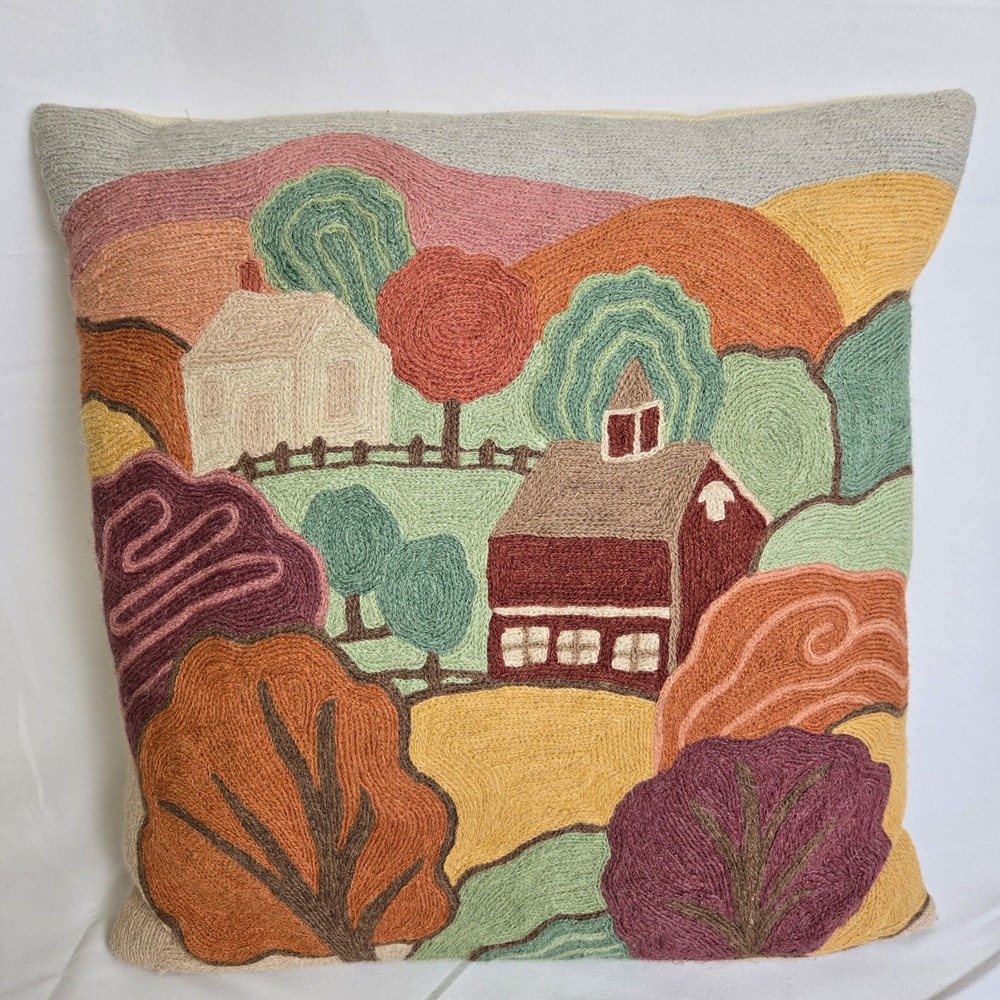 Crawford Chainstitch Cushion Cover Folk Art India Wool Cotton Vintage 15"x15"